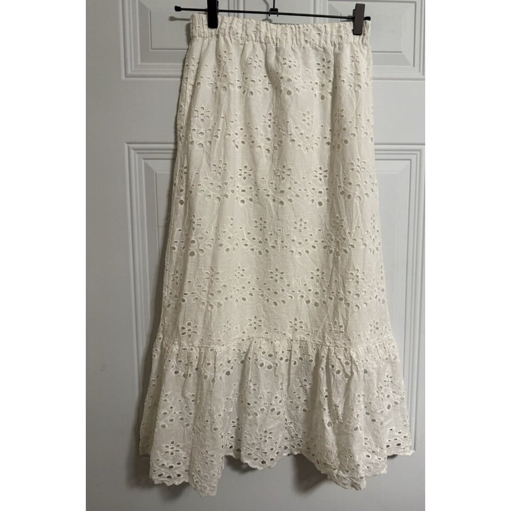 Joie White Eyelet Embroidered Midi Skirt XS – Boho Coastal Cotton Ruffle Skirt - Picture 4 of 5